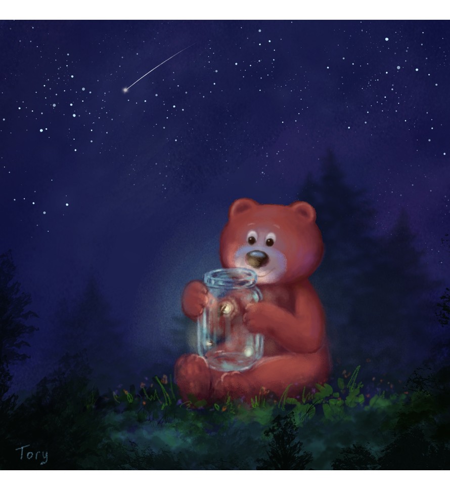 Teddy bear with fireflies